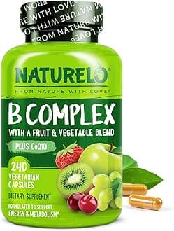Vitamin B Complex, 240 Capsules, Vegan, CoQ10, Methyl Folate, Biotin, Fruit & Veg Blend, Supports Energy and Healthy Stress Response, Super B Complex Vitamins for Women and Men