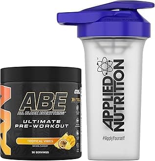 Applied Nutrition Bundle ABE Pre Workout 375g + 700ml Protein Shaker | All Black Everything Pre Workout Powder, Energy & Physical Performance with Creatine, Beta Alanine (Tropical)