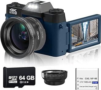56MP 4K Digital Camera for Photography, Vlogging Camera for YouTube with 3.0 Inch 180° Flip Screen, WiFi, 16X Digital Zoom, Wide Angle Lens and Macro, Battery
