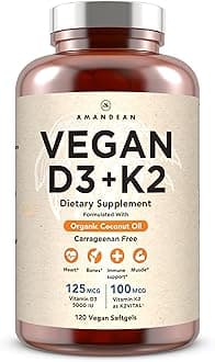 AMANDEAN Vitamin D3 K2. Vegan & Plant-Based 5000iu VIT D from Algae. All-Trans MK-7 K2Vital. 120 Softgels. Carrageenan Free. Organic Coconut Oil Blend. for Mood, Bones, Heart, Immune Health.