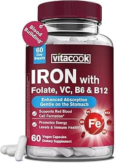 Iron Supplement for Women & Men, Iron Bisglycinate with Vitamin C, B6, B12, Folate, Stomach Friendly, Non-Constipating, Blood Health & Energy Boost, 60 Vegan Caps