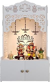 Lotus Pattern Wooden Pooja Mandir for Home with Spacious Shelf inbuilt Focus Light - White Finish - Height 109 cm - Temple for Home