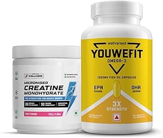 Wellcore Creatine with Omega 3 Capsules Triple Strength (Creatine 122g Fruit Fusion & 30 Capsules Omega) | 1250mg Triple Strength | EPA + DHA | Enhanced Muscle Strength |