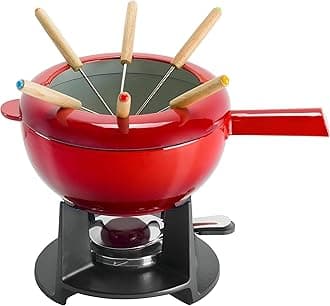 Zwilling 40201-001 Fondue Set - Cherry Enamel Cast Iron Pan, Swiss Fondue Set for Melted Cheese, Includes 6 Wooden Forks, Chocolate Melting Pot, Splash Protector, Suitable for All Hobs, Food Warmer