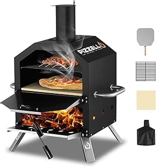 Pizzello Outdoor Pizza Oven Wood Fired 2-Layer Pizza Ovens 12" Outside Pizza Maker with Stone, Pizza Peel, Cover,Removable Cooking Rack for Camping Backyard BBQ (Black)
