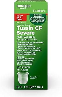 Amazon Basic Care Tussin Severe CF Max, Multi-Symptom Cough, Cold and Flu Liquid Medicine; Non-Drowsy; Relieves Cough, Sore Throat, Body Aches, Fever, Nasal and Chest Congestion, 8 Fluid Ounces
