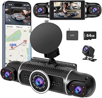 360° Dash Cam Front and Rear View 4 Channel Dash Camera FHD 2K+1080Px3 for Car, Inside/Back 170°+2x150°+170° Wide Angle, 8 IR Lamps Night Vision,WiFi,GPS, APP,G-Sensor with 64GB Card,24/7 Parking Mode