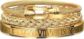 3PCS Stainless Steel Bracelets for Men Gold Roman Numeral Bangle Bracelet Twisted Cable Bracelet Adjustable Cuff Bracelet Mens Luxury Jewelry Bracelets Gifts