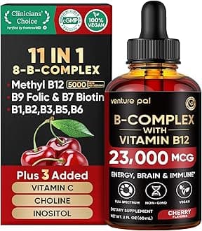 Venture Pal Vitamin B Complex Liquid Drops, B12 Methylcobalamin | B9 Folic | B1,B2,B3,B5,B6,B14 - Vitamin C, Choline, Inositol, Immune & Energy Metabolism, Brain & Heart Support