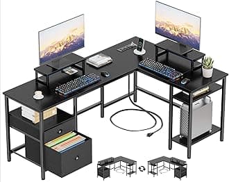 59” L Shaped Desk with Power Outlet, Reversible Computer Desk with File Drawer & 2 Monitor Stands, Corner Home Office Table with Storage Shelves for Gaming Writing, Black