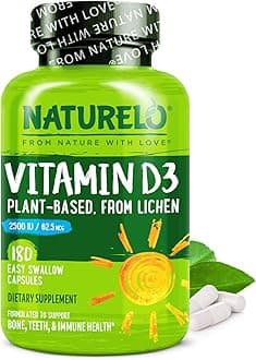 Vitamin D - 2500 IU - Plant Based - from Lichen - Best Natural D3 Supplement for Immune System, Bone Support, Joint Health - Whole Food - Vegan - Non-GMO - Gluten Free - 180 Capsules