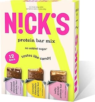 Nick's Protein Bars Variety Pack, Protein-Packed Snack, Low Calories, Low Carb Keto Friendly Snacks No Added Sugar, Salty Peanut, Chocolate Caramel and Almond Chocolate (12 Pack)