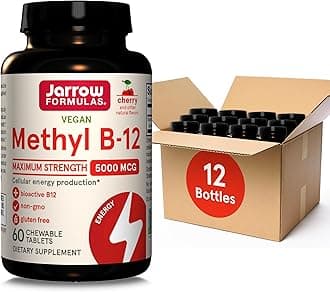 Jarrow Formulas Maximum Strength Methyl B-12 5000 mcg, Dietary Supplement for Cellular Energy Production and Brain Health Support, 60 Cherry-Flavored Chewable Tablets, 60 Day Supply, Pack of 12