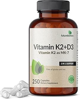 Futurebiotics Vitamin K2 (MK7) with D3 Supplement - Bone and Heart Health Non-GMO Formula - 5000 IU Vitamin D3 & 90 mcg Vitamin K2 MK-7, 250 Vegetarian Capsules