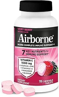 Airborne Vitamin C 1000mg (per Serving) - Very Berry Chewable Tablets (116 Count in a Bottle), Gluten-Free Immune Support Supplement, with Vitamins A C E, Zinc, Selenium, Ginger, Antioxidants