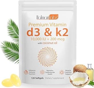 Vitamin D3 K2 Supplement Softgel, Vitamin D3 K2 Softgel with 10000 IU Supports Immune, Heart, Teeth & Bone Health, Free of GMO, Gluten, Soy, 120 Softgels