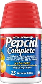 Pepcid Complete Acid Reducer + Antacid for Acid Reflux, 10mg Famotidine, 800mg Calcium Carbonate & 165mg Magnesium Hydroxide per Heartburn Tablet, Antacid Chews, Tropical Fruit, 25 ct