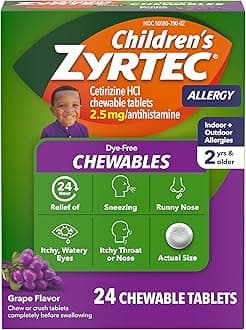 Children's Dye-Free Chewables for 24 Hour Allergy Relief, 2.5 mg Cetirizine Hydrochloride Antihistamine Tablets, Kids Allergy Medicine Relieves Sneezing & Itchy Throat, Grape, 24 ct