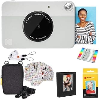 KODAK Printomatic Full-Color Instant Print Digital Camera Colorful Photos On Zink 2x3" Sticky-Back Photo Paper 5MP Gift Bundle: Case + Zink 2x3" 20pk + Album + Stickers + Frames + Markers - Grey
