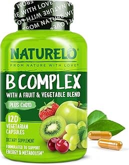 NATURELO B Complex - Whole Food - with Vitamin B6, Folate, B12, Biotin - Vegan - Vegetarian - Best Natural Supplement for Energy and Stress - High Potency - Non GMO - Gluten Free - 120 Capsules