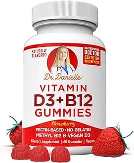 Vitamin D3, B12 Gummies by Dr. Danielle, Vegan Daily Supplement for Adults & Kids, Non-GMO, Vitamin D3 1000 IU & 250 mcg Vitamin B12, 2 Month Supply (60 Gummies)