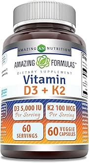 Amazing Formulas Vitamin D3 5000 IU with Vitamin K2 100 mcg | D3 + K2 Complex Supplement | Veggie Capsules | Non-GMO | Gluten Free | Made in USA (60 Count)