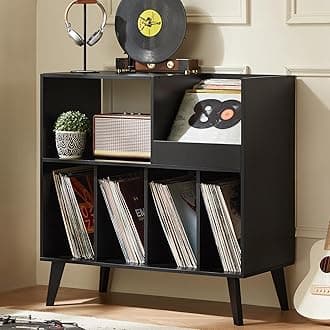 LELELINKY Large Record Player Stand, Turntable Stand with Storage, Vinyl Record Holder with Display Area, Record Player Table Holds Up to 300 Albums, Record Stand for Music room Living Room-Reto Black