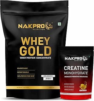 Nakpro Gold 100% Whey Protein Concentrate, 1 Kg Unflavoured with 100g Creatine - Fruit Punch | Easy Mixing, Low Carbs, Easy Digesting Whey Protein Supplement Powder (Combo Pack)