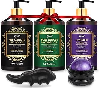 Pjordo 3 Pack Massage Oil for Massage Therapy, Lavender Oil for Relaxation, Sore Muscle Arnica Oil & Cellulite Massage Oil, with Massage Roller Ball & Thumb Saver Tool, Massage Kit for Him Her