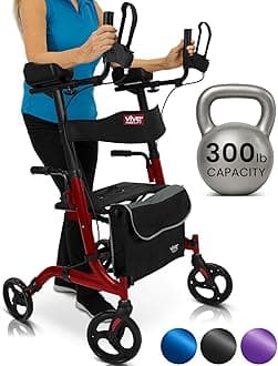 Vive Mobility Upright Rollator Walker for Seniors with Seat and Armrests - Stand Up Folding Heavy Duty Medical Walker for Elderly, Handicap - Walking Assist, Foldable Transport Chair - 300 lb Capacity