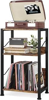 Hosfais 3 Tier Record Player Stand, Retro Vinyl Storage End Table Records for Living Room Bedroom (Brown)