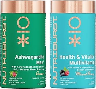 Nutriburst Daily Vitality Combo: Multivitamin Gummies for Complete Nutrition + Ashwagandha Gummies for Mind Relax & Energy Boost | Supports Wellness, Immunity & Balance | No Added Sugar (Pack of 2X60)