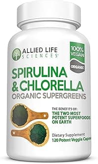 Allied Life Spirulina and Chlorella | Organic Chlorophyll Vegan Protein Powder Green Superfood | 120 Capsules