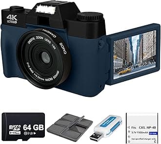 Acuvar 4K 56MP Digital Camera for Photography, Vlogging Camera for YouTube with 3’’ 180° Flip Screen, WiFi, 16X Zoom, Rechargeable Battery, 64GB Micro SD Card, 6 PC Card Holder, USB Card Reader (Navy)