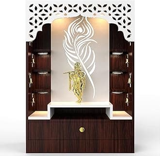 Royal Kurta Devyom Wooden Large Pooja Mandir For Home And Office With LED Lights/Designer Brown Temple With White Jali Carving/Mandir With Cabinets For Storage