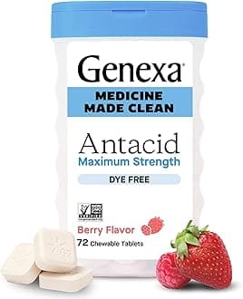 Genexa Clean Antacid Chewable Tablets | Maximum Strength Calcium Carbonate for Heartburn, Acid Indigestion & Upset Stomach Relief | Dye Free, 0% Artificial Additives | Berry Flavor Chewables, 72ct