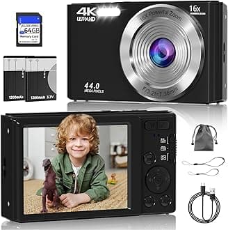 Digital Camera, FHD 4K 44MP Digital Camera, 16X Digital Zoom, Digital Point and Shoot Camera with 3-LED Fill Lights, 64GB SD Card, Compact Camera for Kids Teen Boys Girls, Black
