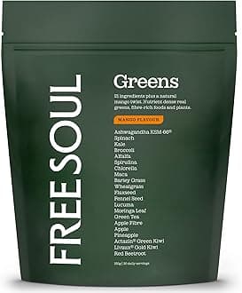 Free Soul Greens | 21 Advanced Greens, Superfoods, and Adaptogens Including KSM-66 Ashwagandha, Vegan & Gluten-Free, Advanced Natural Formula | UK Made | 30 Servings | Mango Flavour