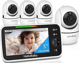 HelloBaby HB6550 5" Baby Monitor 4 Cameras No WiFi, 26-Hour Battery, Pan-Tilt-Zoom, 1000ft Range Video Audio Baby Monitor, ECO, Night Vision, 2-Way Talk, 8 Lullabies and Temperature, Ideal Gifts