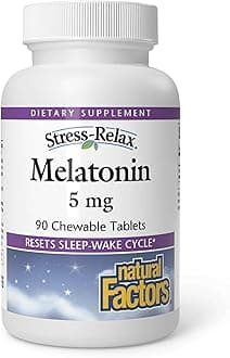 Stress-Relax Melatonin 5 mg by Natural Factors, Natural Sleep Aid, Resets the Sleep-Wake Cycle, 90 chewable tablets (90 servings), Peppermint Flavor