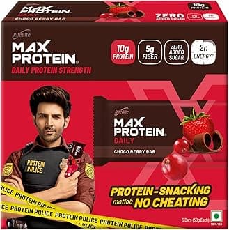 Daily Choco Berry Protein Bars with 10g Protein, 5g Fiber & 21 Vit. & Minerals | 0 Added Sugar, No Cholesterol & Trans Fat For Upto 2h of Energy, Healthy Snack, 50g (Pack of 6)