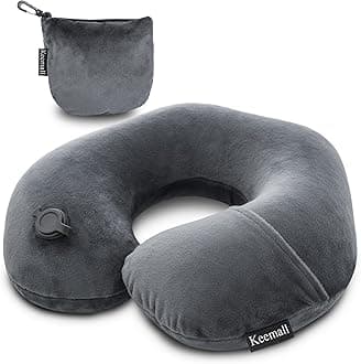 Keemall Inflatable Travel Neck Pillow, Super Soft Plane Neck Support Pillow for Travel Ariplane Sleep Support, Adjustable Neck Cushion Headrest Pillow, Folds Up Nicely, Black Grey
