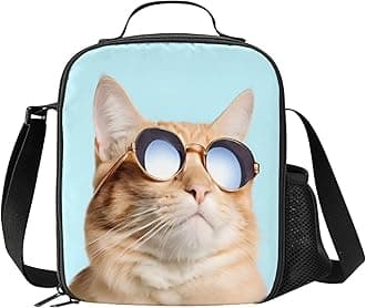 Sunglasses Cat Lunch Box - Insulated Lunch Box for Kids Funny 3D Design with Side Pocket & Shoulder Strap Lunch Bag Perfect for School/Camping/Hiking/Picnic/Beach/Travel