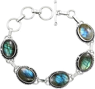 Oval Shape Natural & Synthetic Gemstones 925 Silver Plated Handmade Link Bracelets for Women - Birthstone Vintage Style Bohemian Adjustable Bracelet - Gifts for Wedding Anniversary Christmas