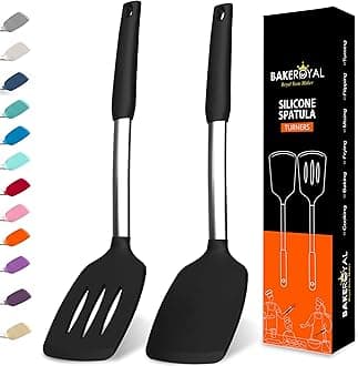 BakeRoyal Silicone Spatula Set - Turner Spatulas Silicone Heat Resistant 600°F - Slotted & Solid Spatula for Cooking Fish, Eggs, Pancakes Flipper – Spatulas for kitchen use – Black