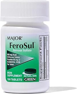 Major Ferosul - Ferrous Sulfate 325mg Tablets with 65mg of Elemental Iron - Iron Supplement for Women, Men - Green - 100 Count