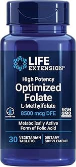 High Potency Optimized Folate, 8500 mcg - L-Methylfolate For Brain & Heart Health - Active Form of 5-MTHF Supplement - Gluten-Free, Non-GMO, Vegetarian - 30 Count