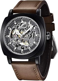 Benyar Automatic Watches for Men | Skeleton Mechanical Leather Strap Mens Watch | 45mm Dial | 30M Waterproof | Men's Stylish Gift