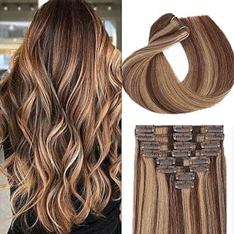 Real Hair Extensions Clip in Human Hair, Seamless Balayage Human Clip ins Extensions for Women 16 Inch Medium Brown and Honey Brown Invisible Straight Clip in Hair Extensions 8pcs Double Weft 65g