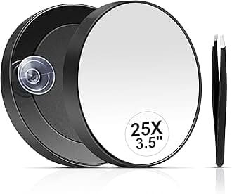 MIYADIVA 25X Small Magnifying Mirror Suction Cup, 25X Magnifying Mirror and Tweezers, As a Mganifying Makeup Mirror, Small Mirror Set for Blackhead Removal 3.5 Inches